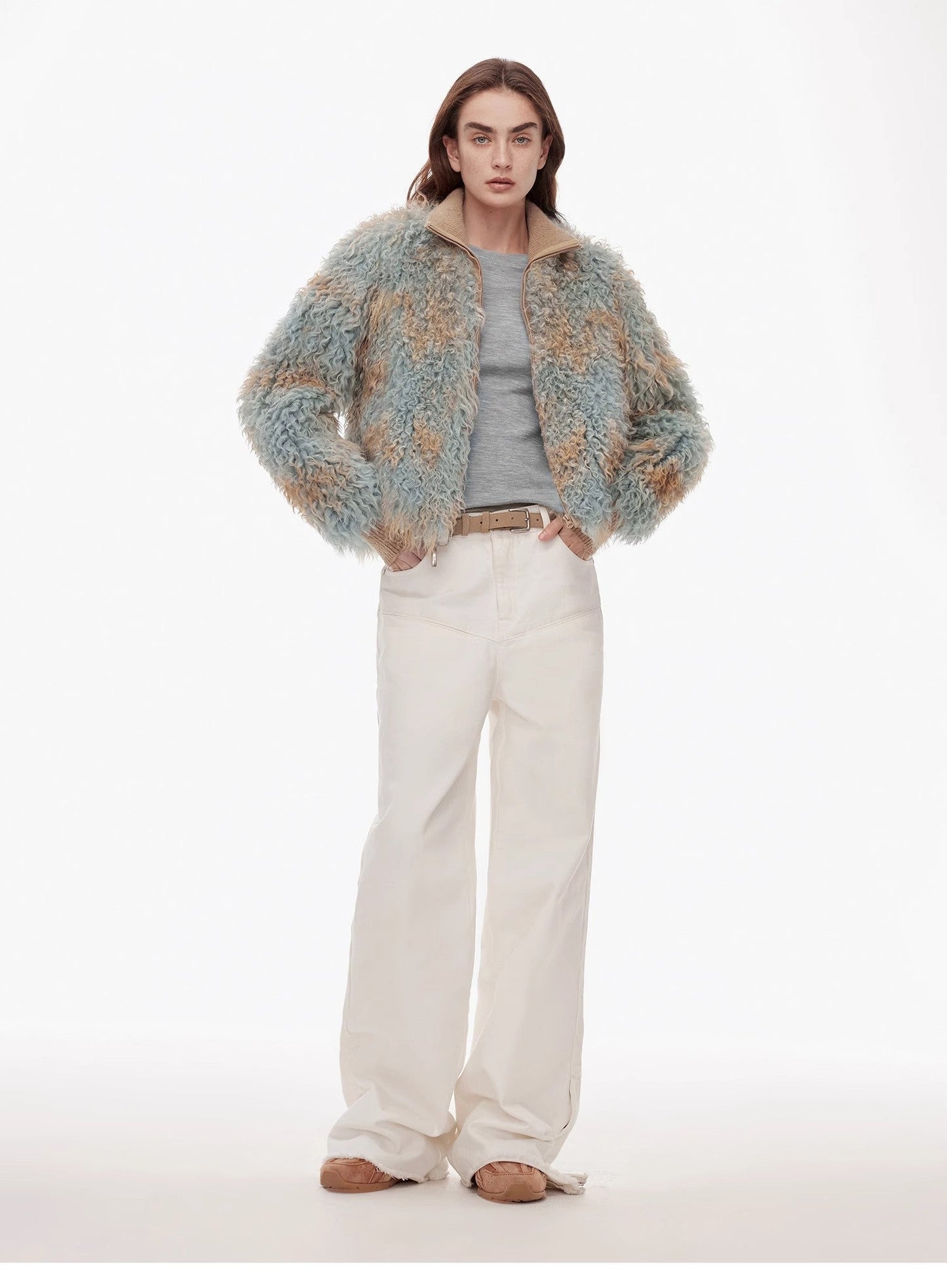 Vintage Style Curved Split Design Enzyme Wash Process Low Waist Denim Pants