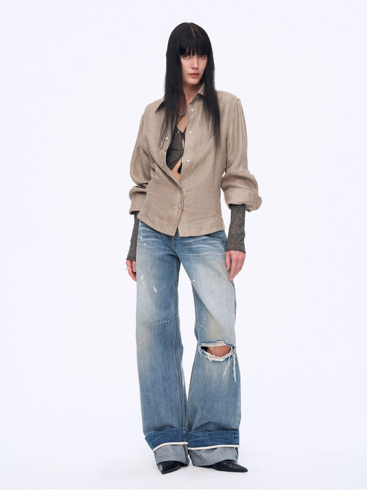 Linen Deconstructed Silhouette Old Money Style Waist Shirt Top