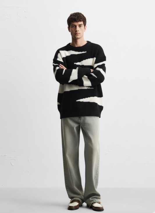 Men's Contrast Round Neck Long Sleeve Sweater