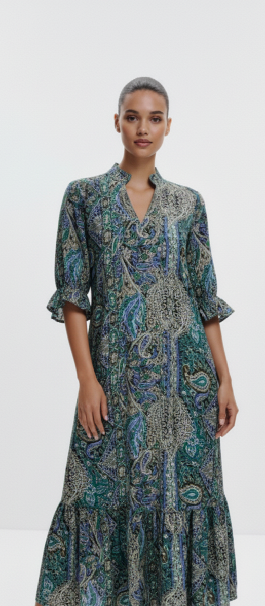 Full Size Bohemian Paisley Print Ruffle Hem Midi Dress Plus Size