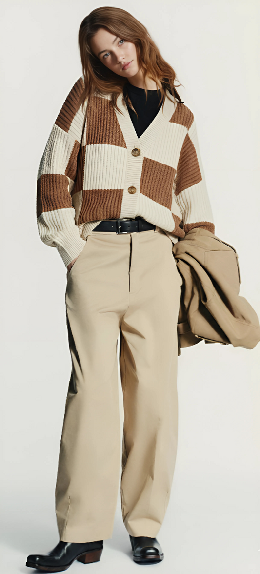 Double Take Full Size Checkered Dropped Shoulder Cardigan