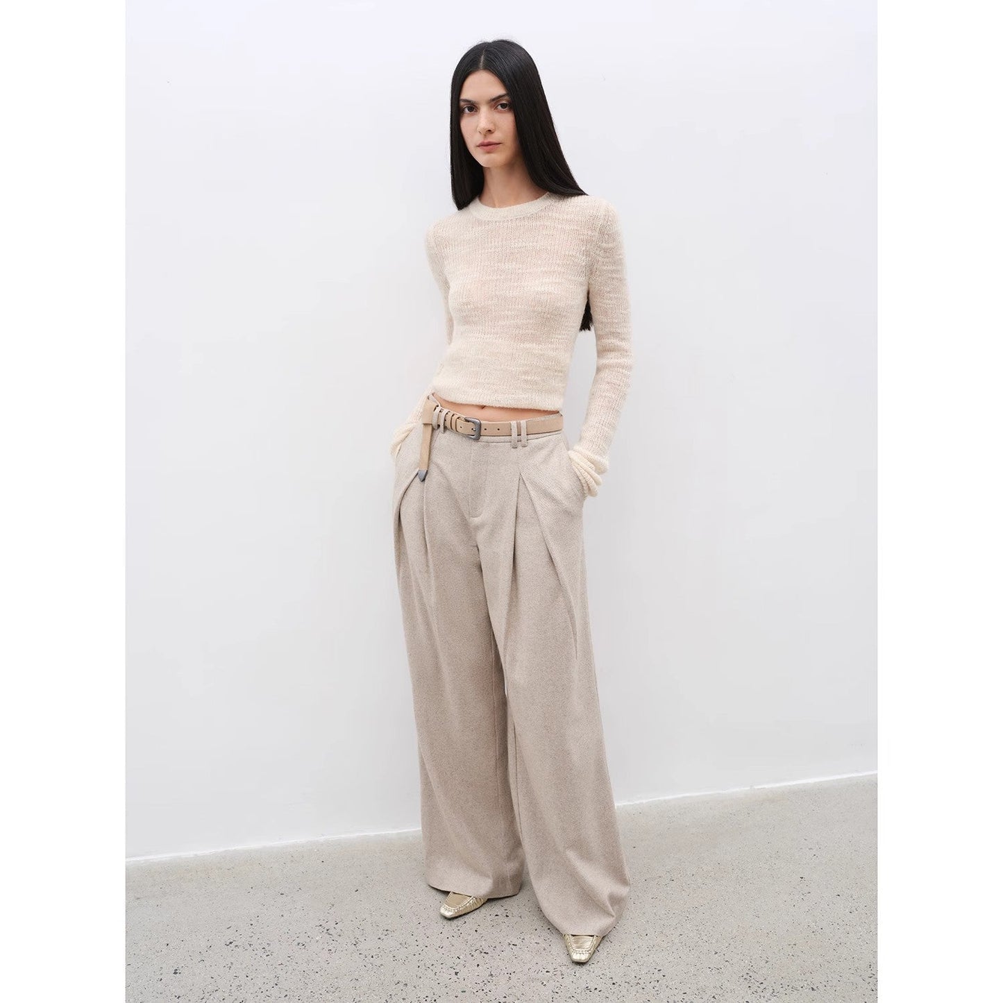 Double-Pleated Wide-Leg Wool Trousers