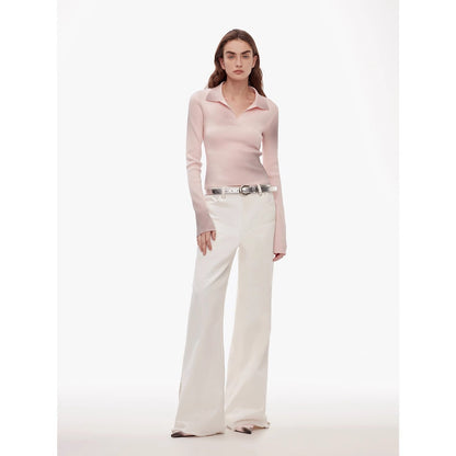 Vintage Style Curved Split Design Enzyme Wash Process Low Waist Denim Pants