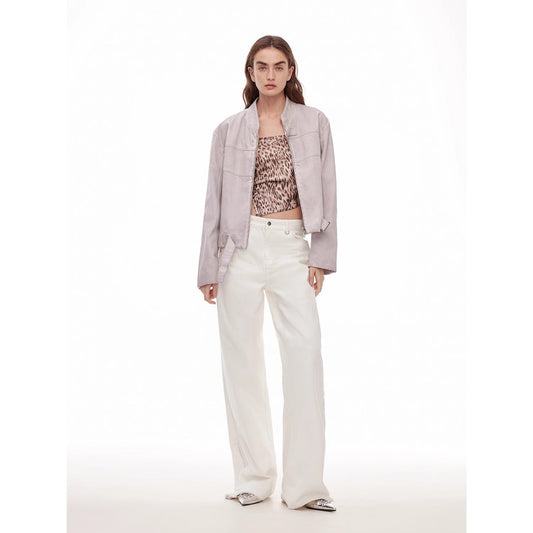 Vintage Style Curved Split Design Enzyme Wash Process Low Waist Denim Pants