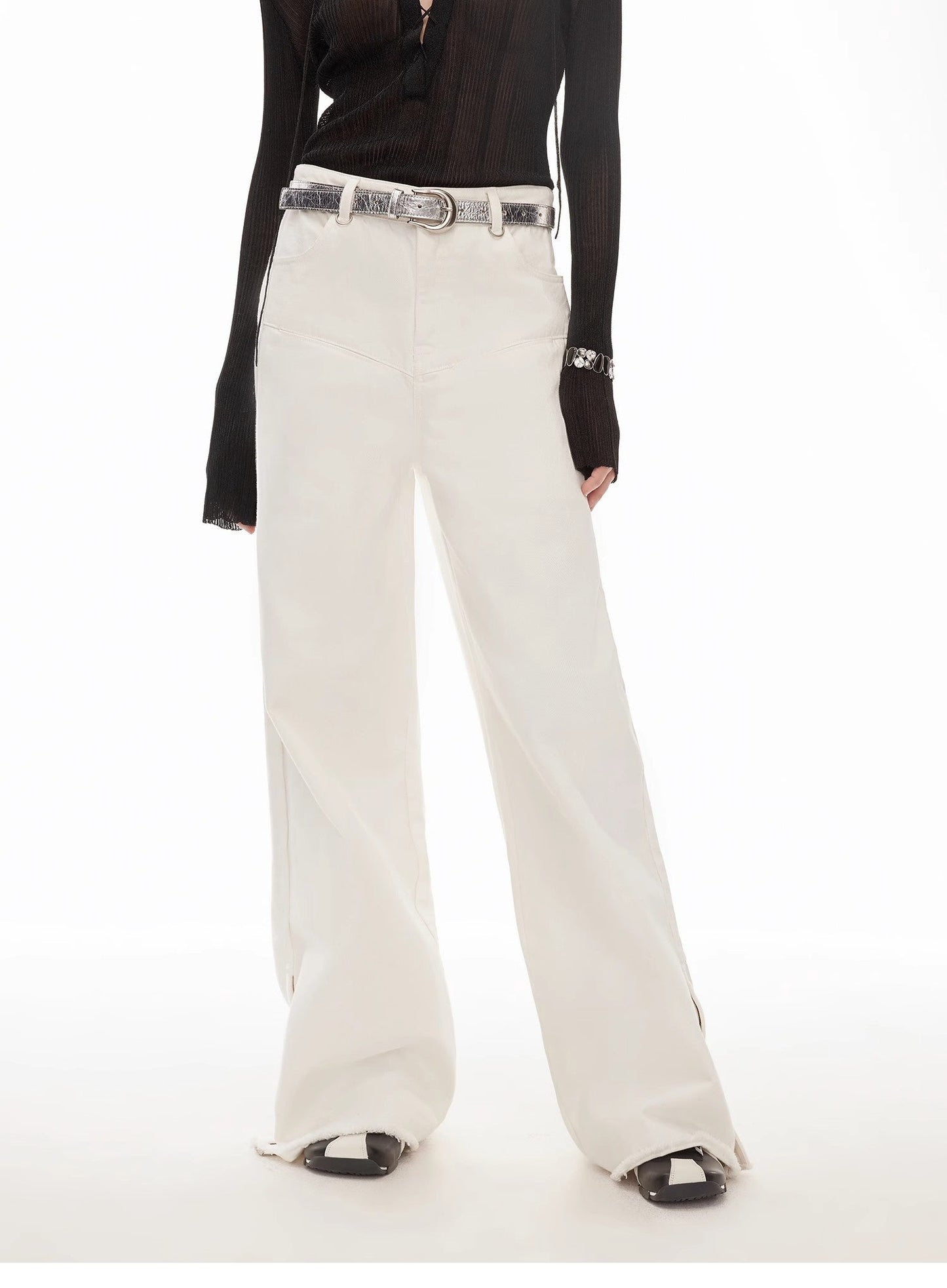 Vintage Style Curved Split Design Enzyme Wash Process Low Waist Denim Pants