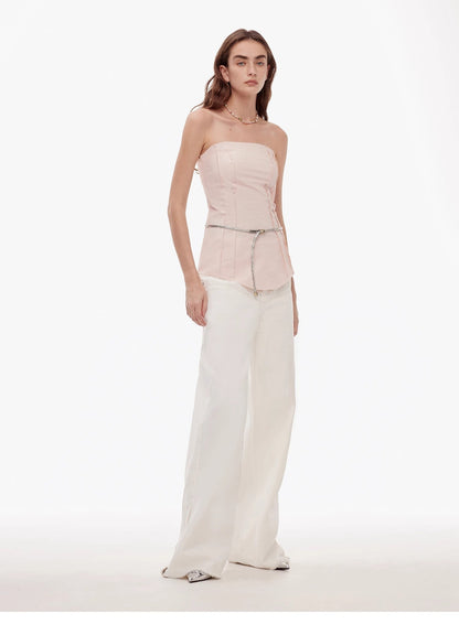 Vintage Style Curved Split Design Enzyme Wash Process Low Waist Denim Pants