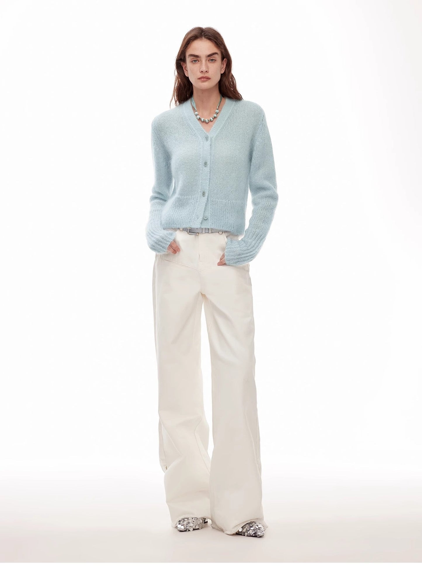 Vintage Style Curved Split Design Enzyme Wash Process Low Waist Denim Pants