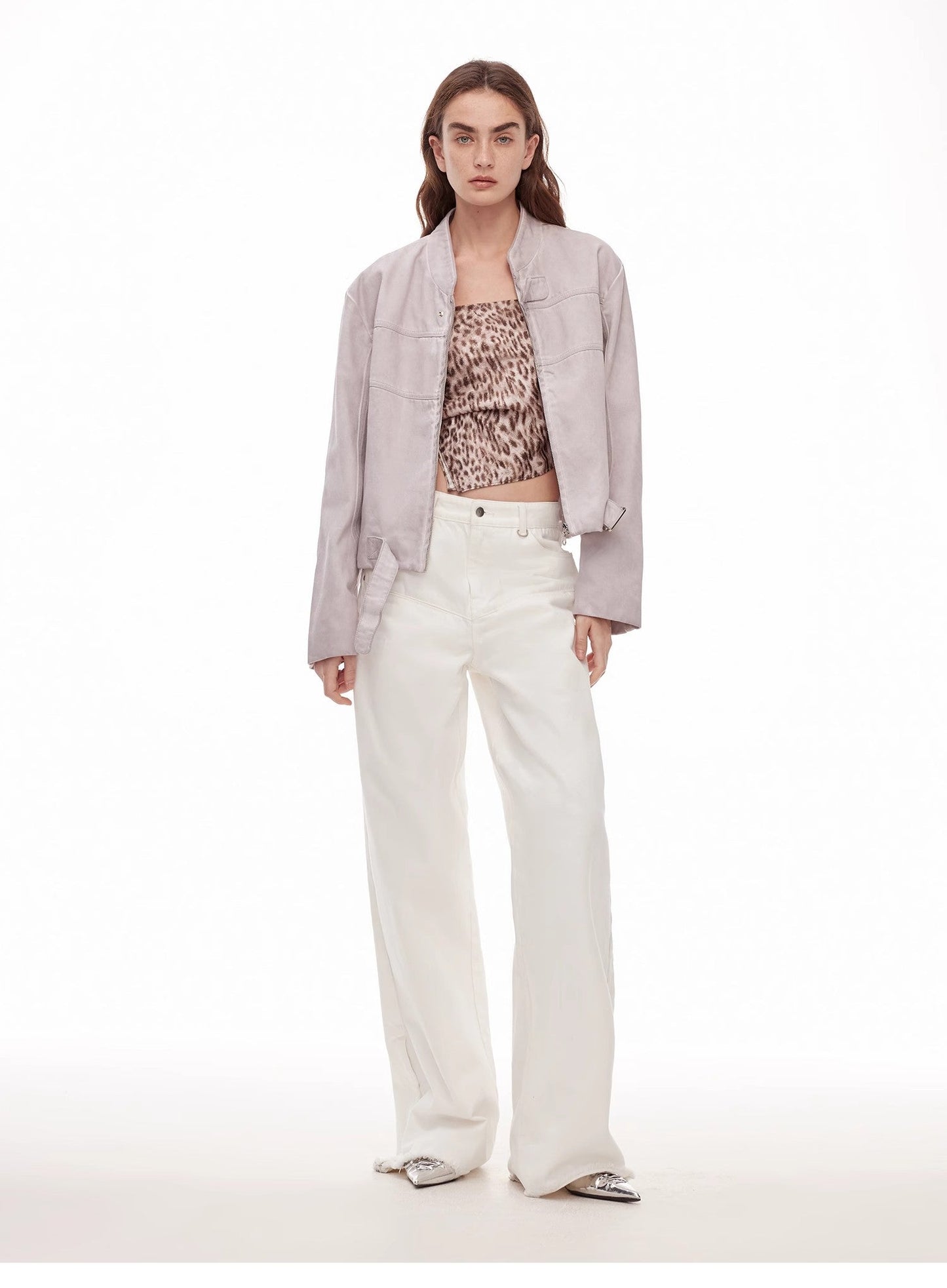 Vintage Style Curved Split Design Enzyme Wash Process Low Waist Denim Pants