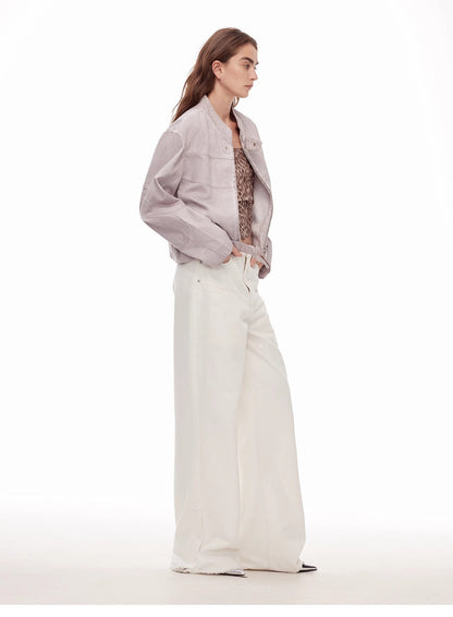 Vintage Style Curved Split Design Enzyme Wash Process Low Waist Denim Pants