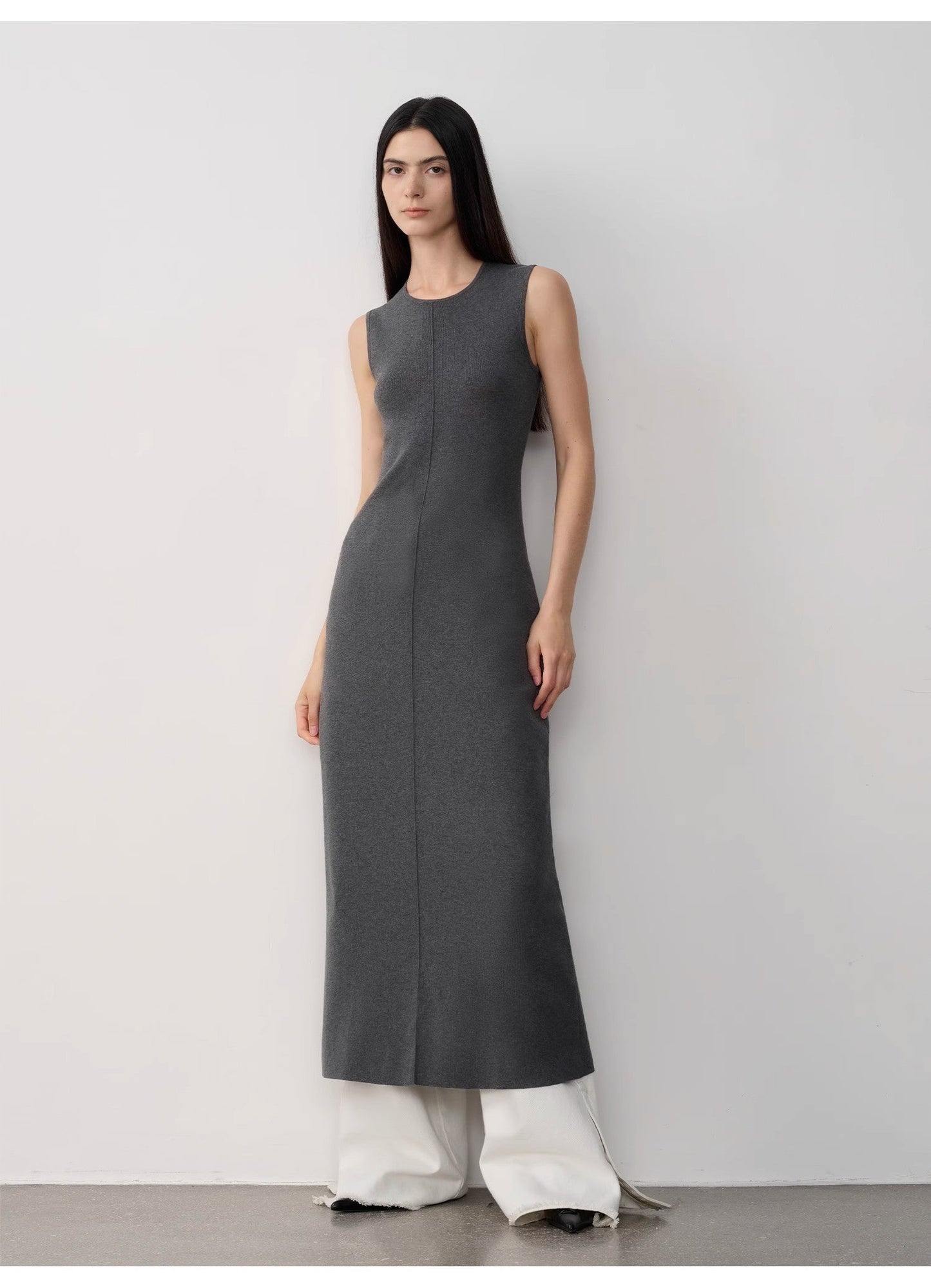 Baslan Merino Wool Extra Long Sleeveless Lazy Knit Dress
