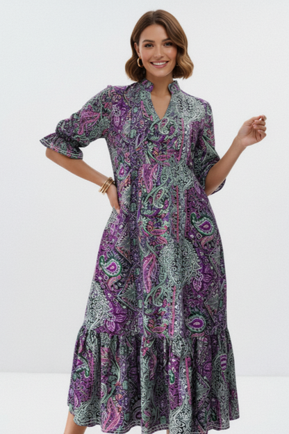Full Size Bohemian Paisley Print Ruffle Hem Midi Dress Plus Size