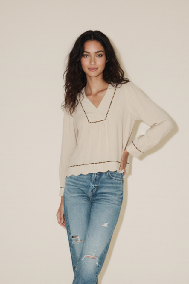 Umgee Full Size Linen Scallop Hem Blouse with Contrast Trim Plus Size