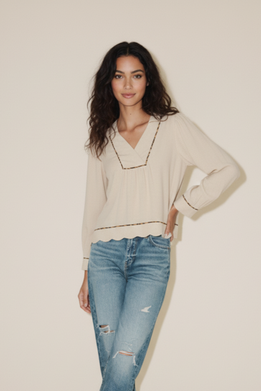 Umgee Full Size Linen Scallop Hem Blouse with Contrast Trim Plus Size