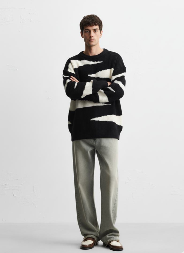 Men's Contrast Round Neck Long Sleeve Sweater