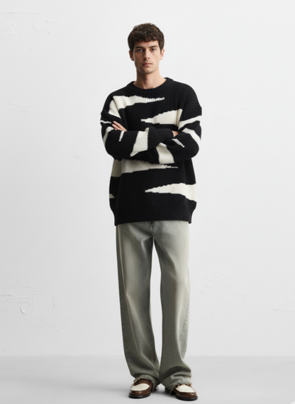 Men's Contrast Round Neck Long Sleeve Sweater