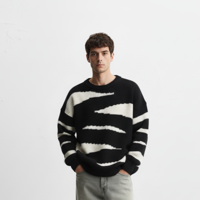 Men's Contrast Round Neck Long Sleeve Sweater