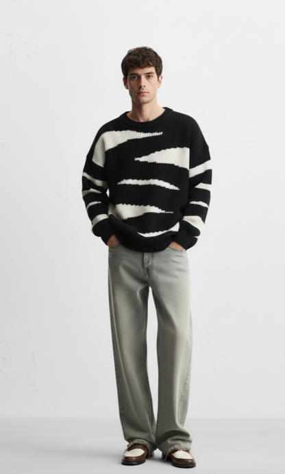 Men's Contrast Round Neck Long Sleeve Sweater