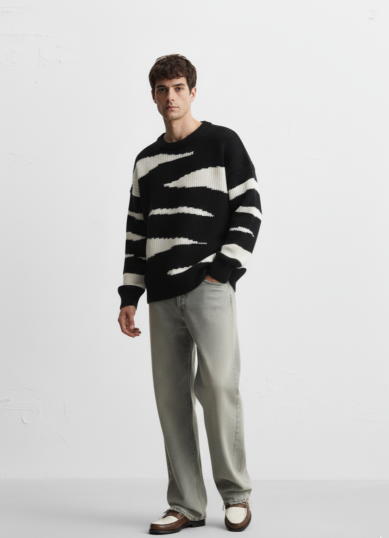 Men's Contrast Round Neck Long Sleeve Sweater
