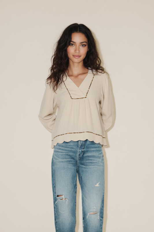 Umgee Full Size Linen Scallop Hem Blouse with Contrast Trim Plus Size