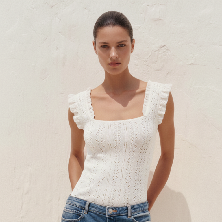 Women's Square Collar Ruffled Slim T-shirt