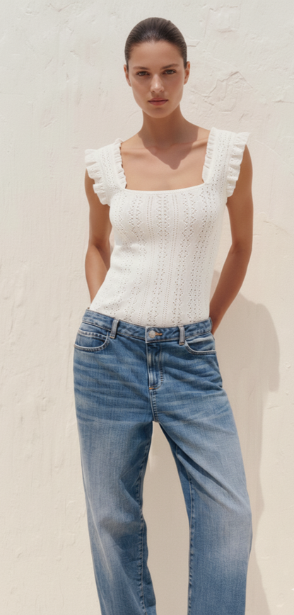 Women's Square Collar Ruffled Slim T-shirt