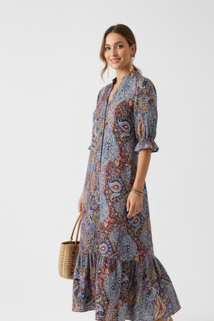 Full Size Bohemian Paisley Print Ruffle Hem Midi Dress Plus Size