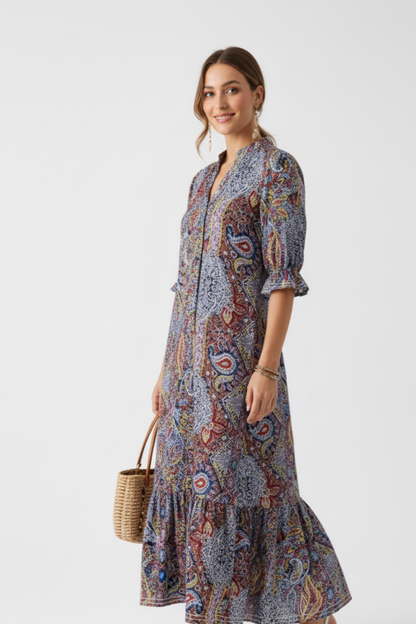 Full Size Bohemian Paisley Print Ruffle Hem Midi Dress Plus Size