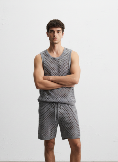 Men's Plus Size Hollow Out Round Neck Tank and Shorts Set