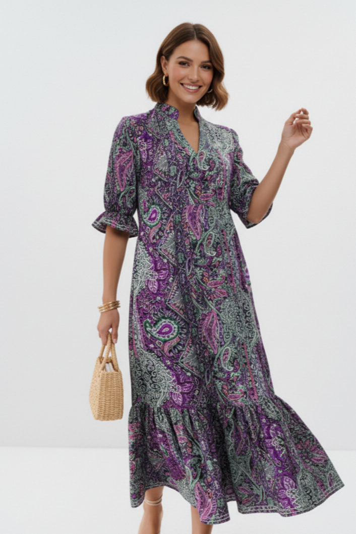 Full Size Bohemian Paisley Print Ruffle Hem Midi Dress Plus Size