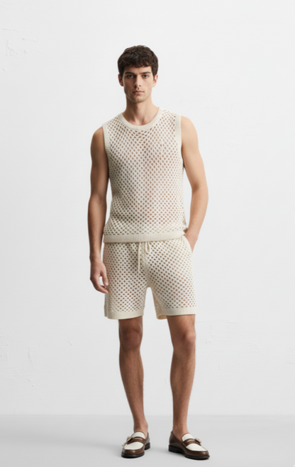 Men's Plus Size Hollow Out Round Neck Tank and Shorts Set