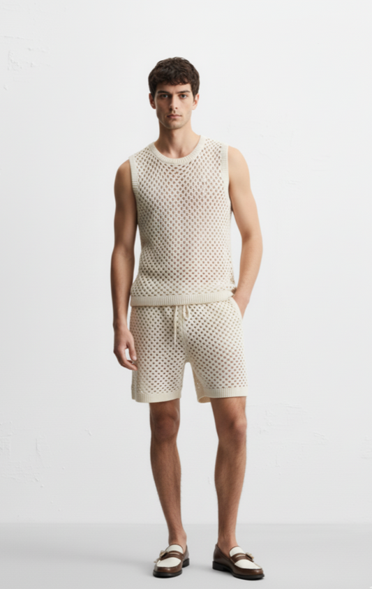 Men's Plus Size Hollow Out Round Neck Tank and Shorts Set