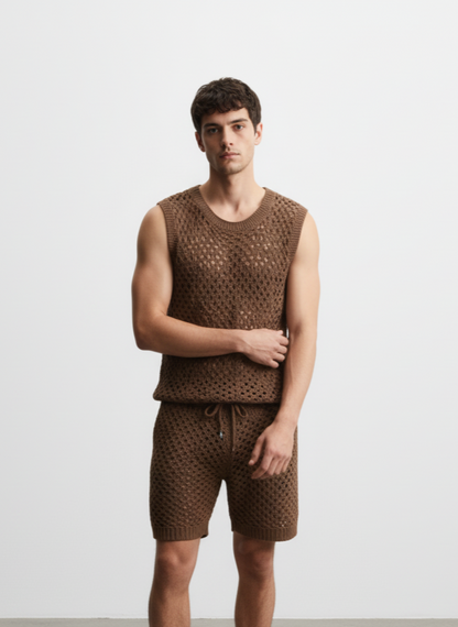 Men's Plus Size Hollow Out Round Neck Tank and Shorts Set