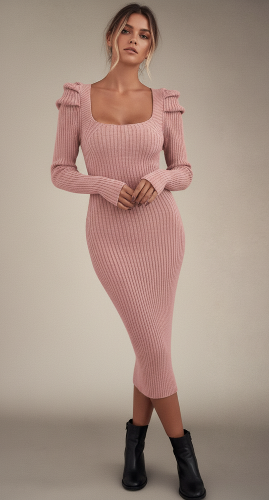 Ribbed Knit Square Neck Bodycon Sweater Dress