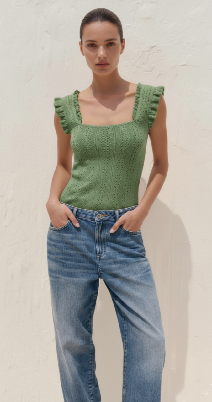 Women's Square Collar Ruffled Slim T-shirt