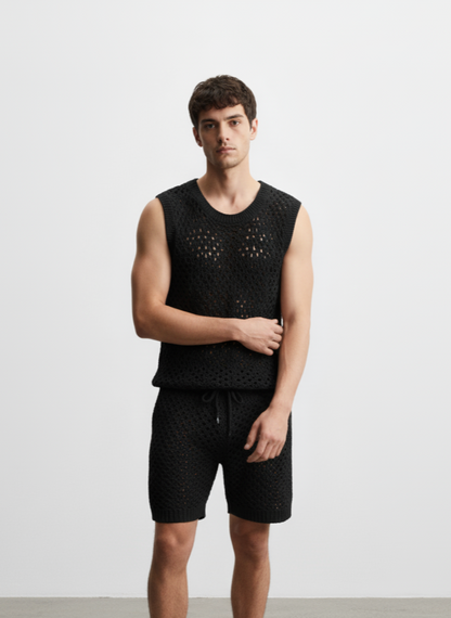 Men's Plus Size Hollow Out Round Neck Tank and Shorts Set