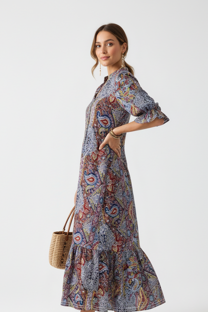 Full Size Bohemian Paisley Print Ruffle Hem Midi Dress Plus Size