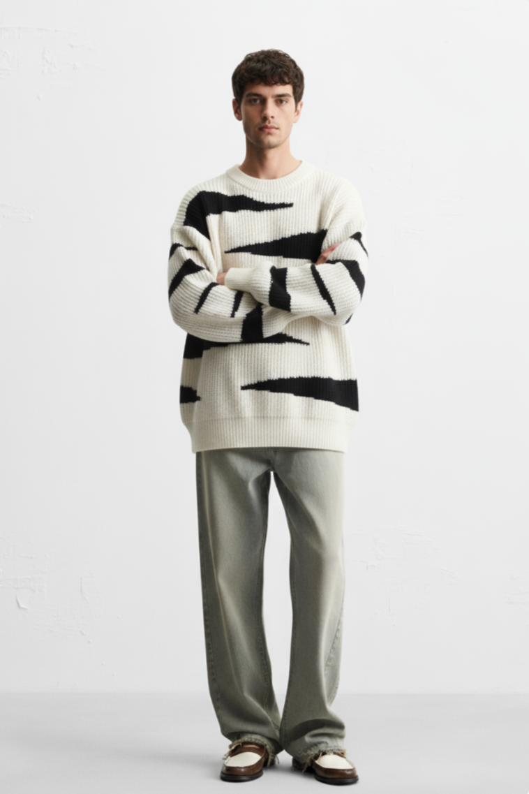 Men's Contrast Round Neck Long Sleeve Sweater