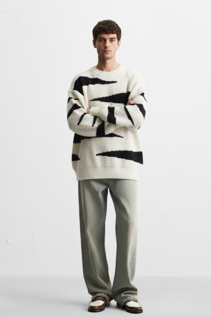 Men's Contrast Round Neck Long Sleeve Sweater