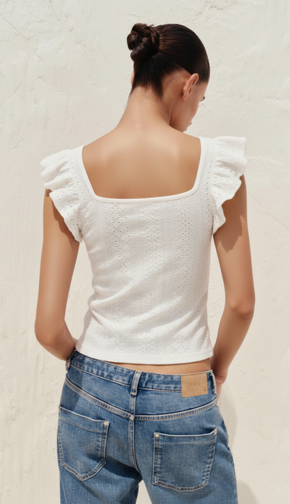 Women's Square Collar Ruffled Slim T-shirt