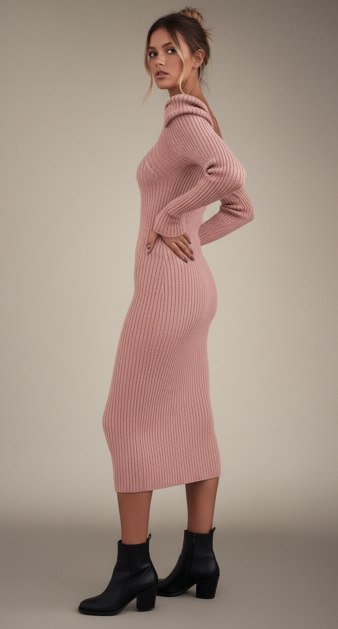 Ribbed Knit Square Neck Bodycon Sweater Dress