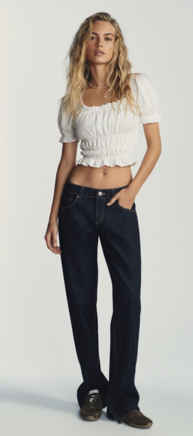 Frill Ruffled Hem Puff Sleeve Crop Blouse