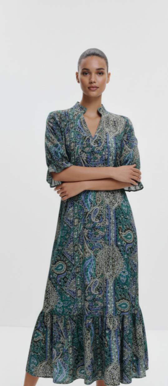 Full Size Bohemian Paisley Print Ruffle Hem Midi Dress Plus Size