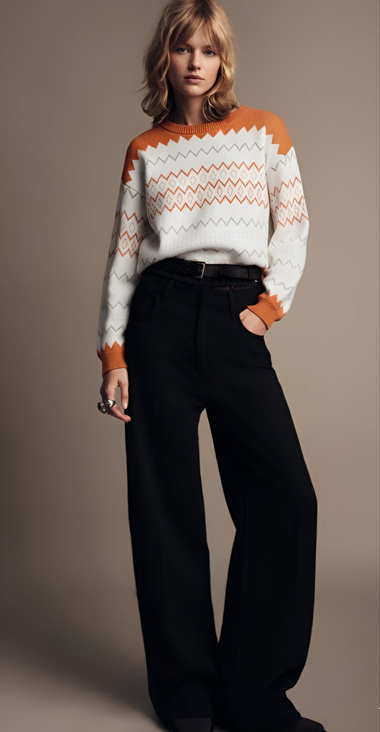 Zigzag Geometric Pattern Round Neck Sweater