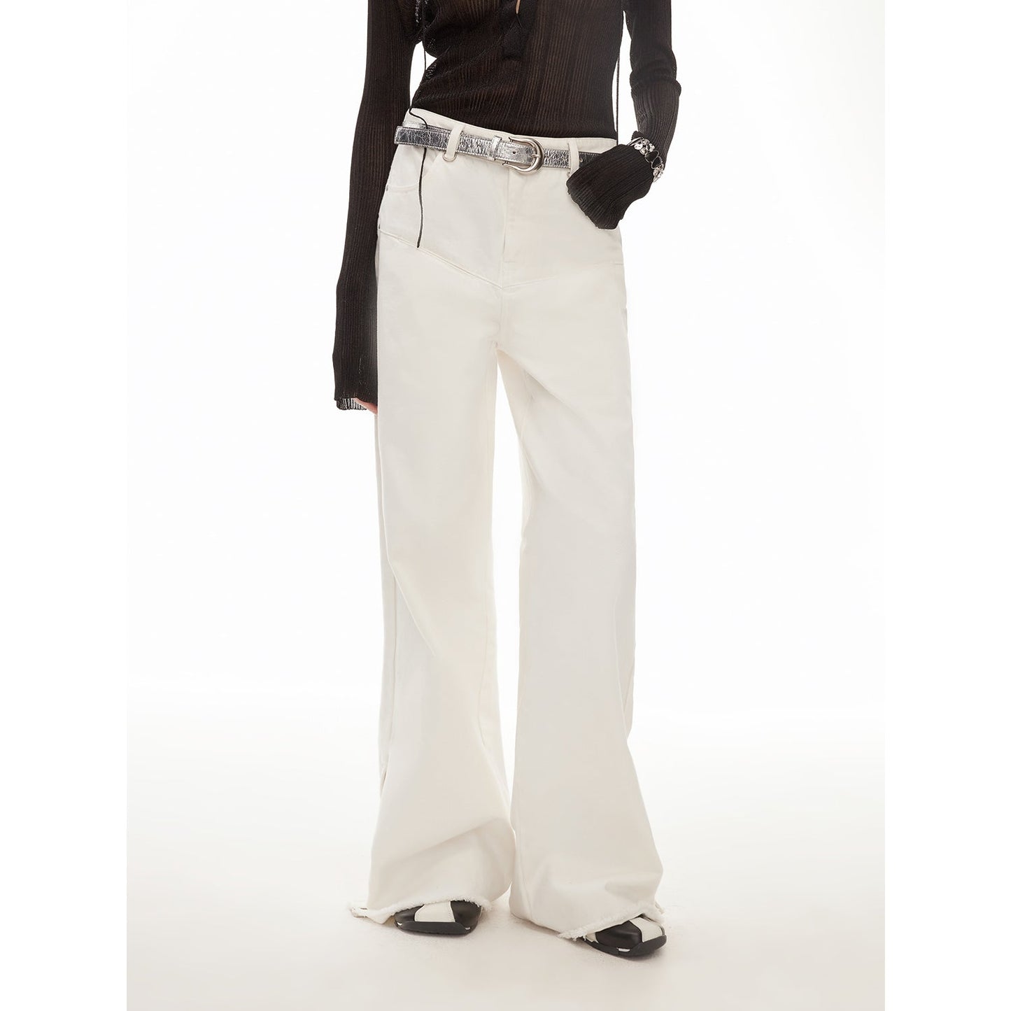 Vintage Style Curved Split Design Enzyme Wash Process Low Waist Denim Pants