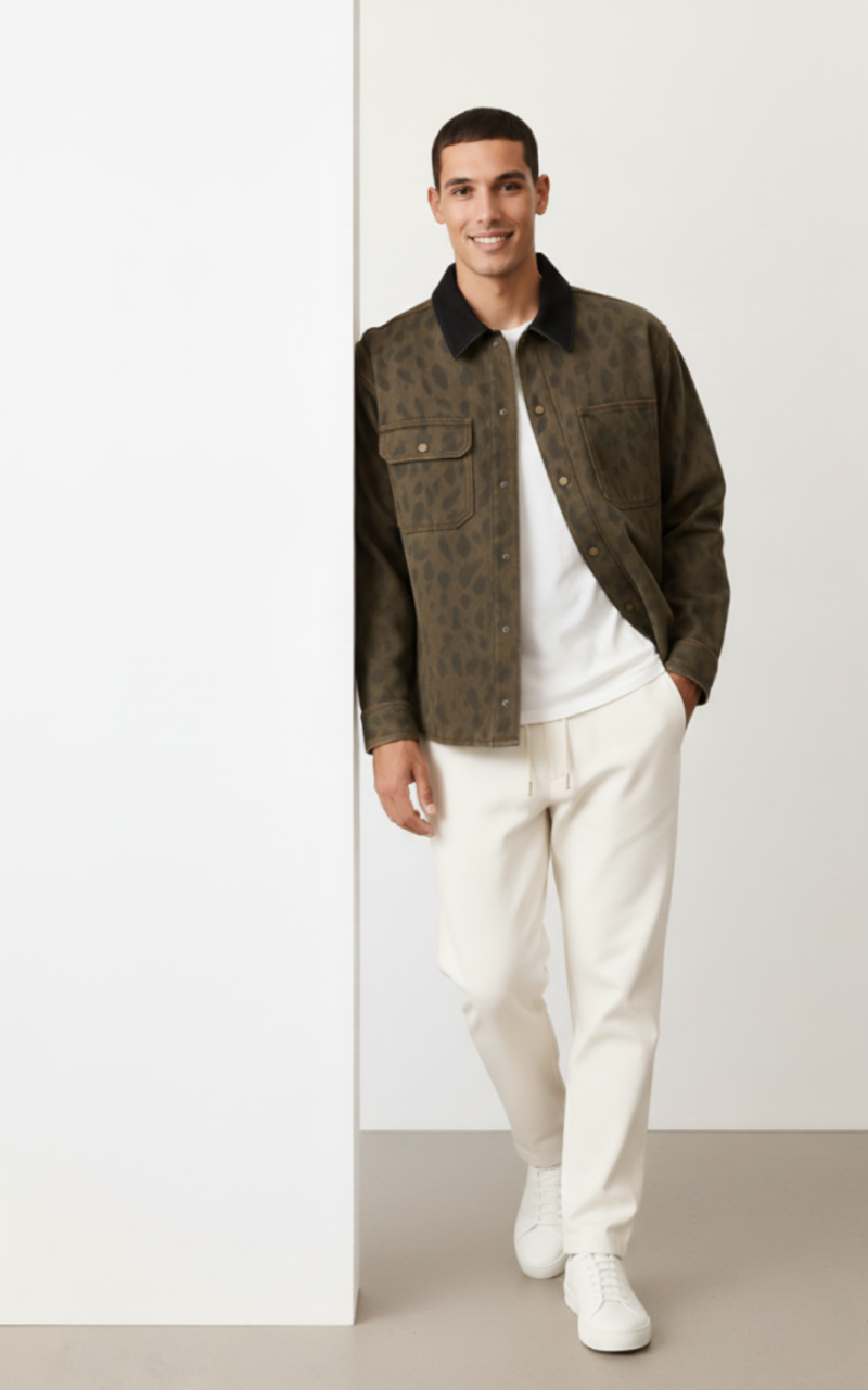 Men's Leopard Button Up Long Sleeve Jacket