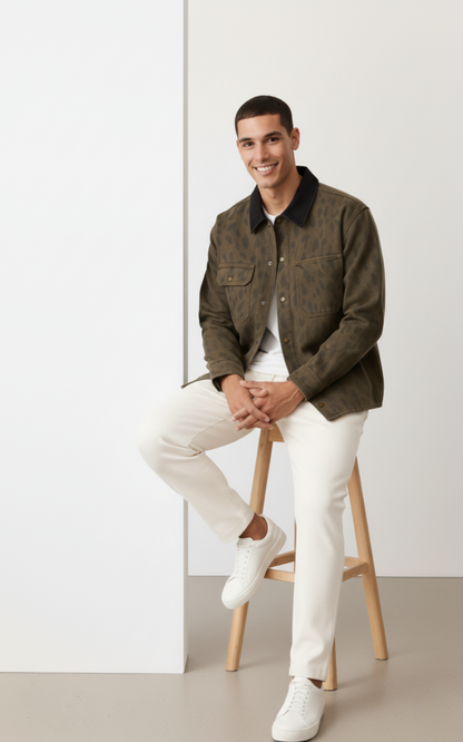 Men's Leopard Button Up Long Sleeve Jacket