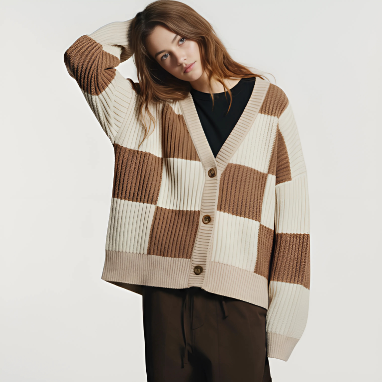 Double Take Full Size Checkered Dropped Shoulder Cardigan