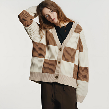 Double Take Full Size Checkered Dropped Shoulder Cardigan