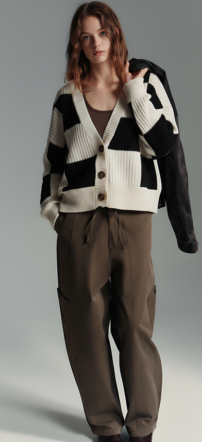 Double Take Full Size Checkered Dropped Shoulder Cardigan