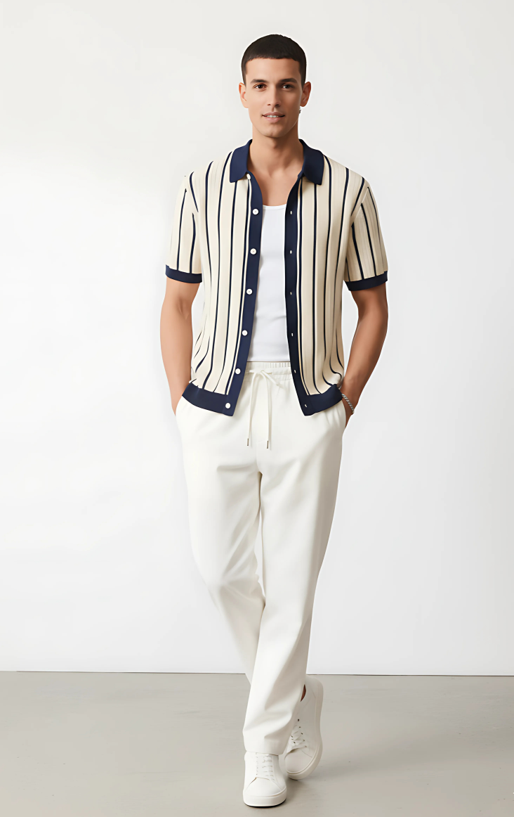 Men's Plus Size Striped Button Down Short Sleeve Shirt